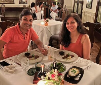 Nirmal and Jyoti at dinner in the historic Hotel das Cataratas dining room, Iguaçu National Park, Brazil. The kitchen prepared a special plant-based menu for the evening.