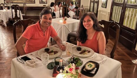 Nirmal and Jyoti at dinner in the historic Hotel das Cataratas dining room, Iguaçu National Park, Brazil. The kitchen prepared a special plant-based menu for the evening.