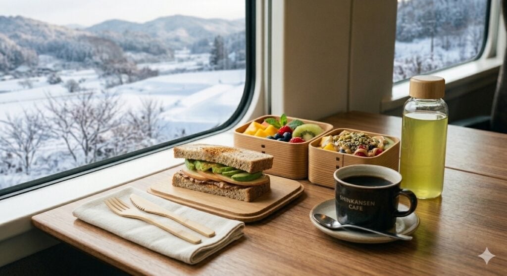 Vegan breakfast from home on Shinkansen -image generated using Gemini