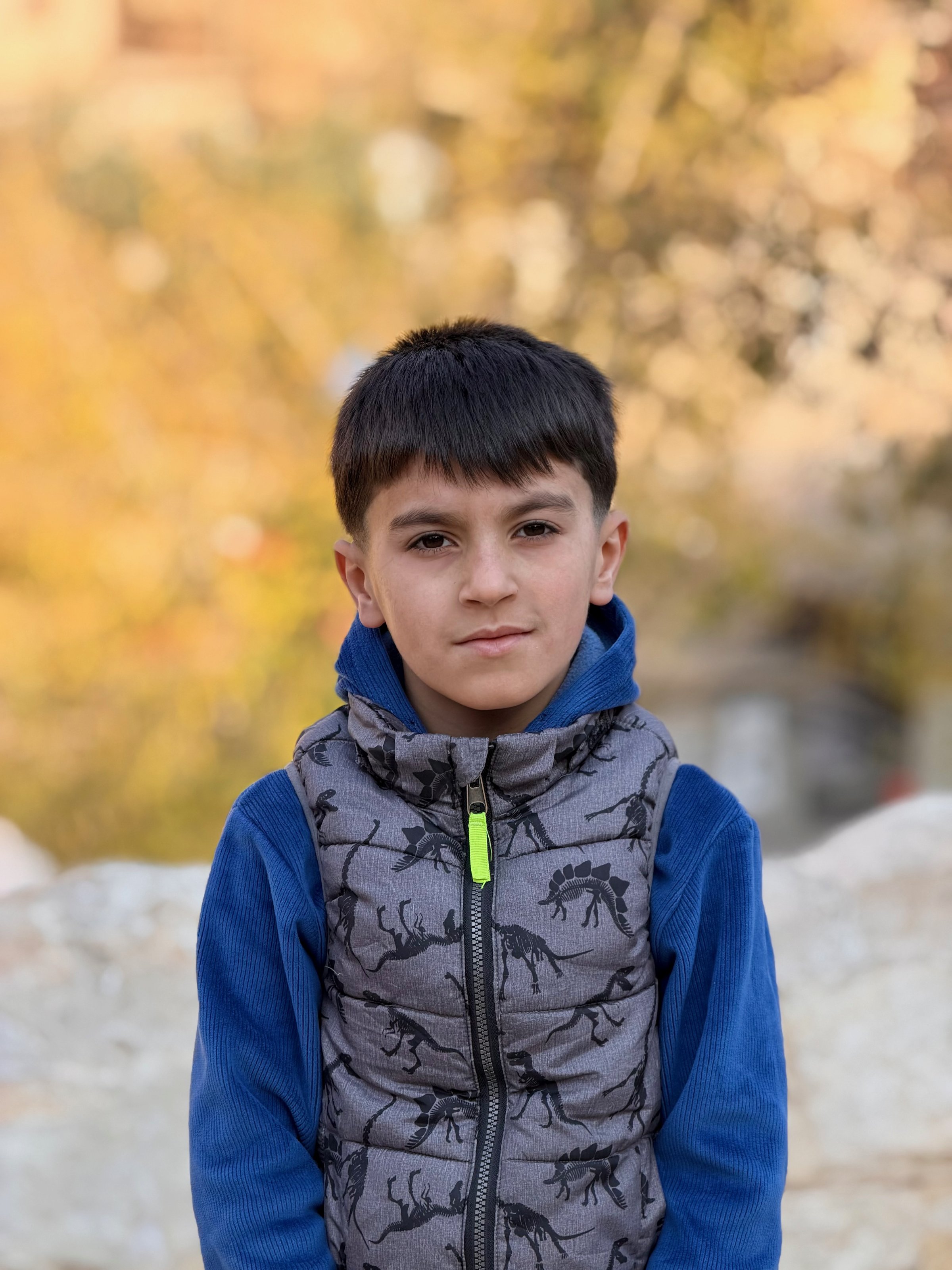 Portrait of a Kurdish boy in a dinosaur-print vest jacket against golden autumn leaves at Lalish, Iraqi Kurdistan