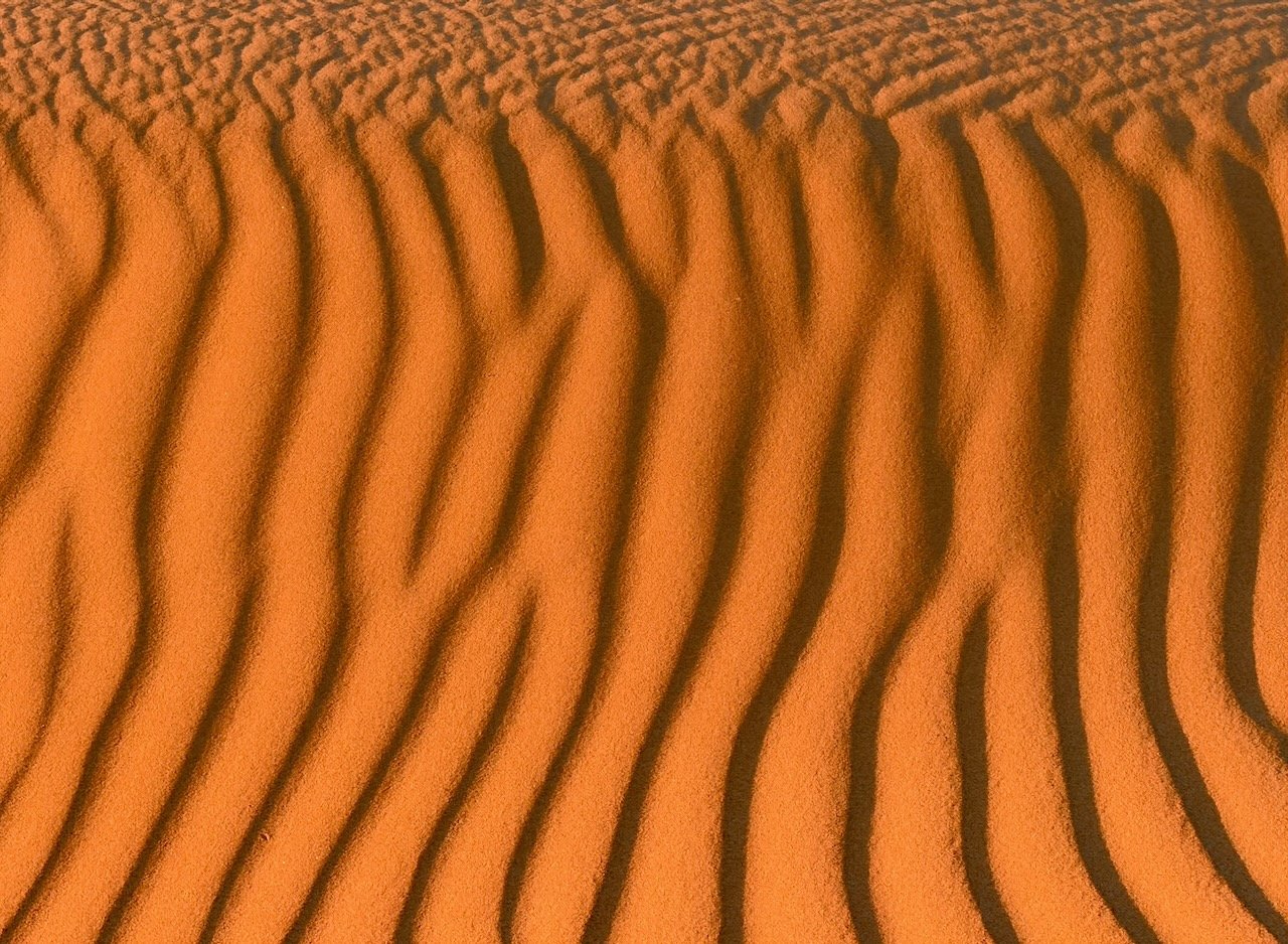 Close-up of orange sand dune ripples with deeper shadow lines running across the surface at Oceano Dunes