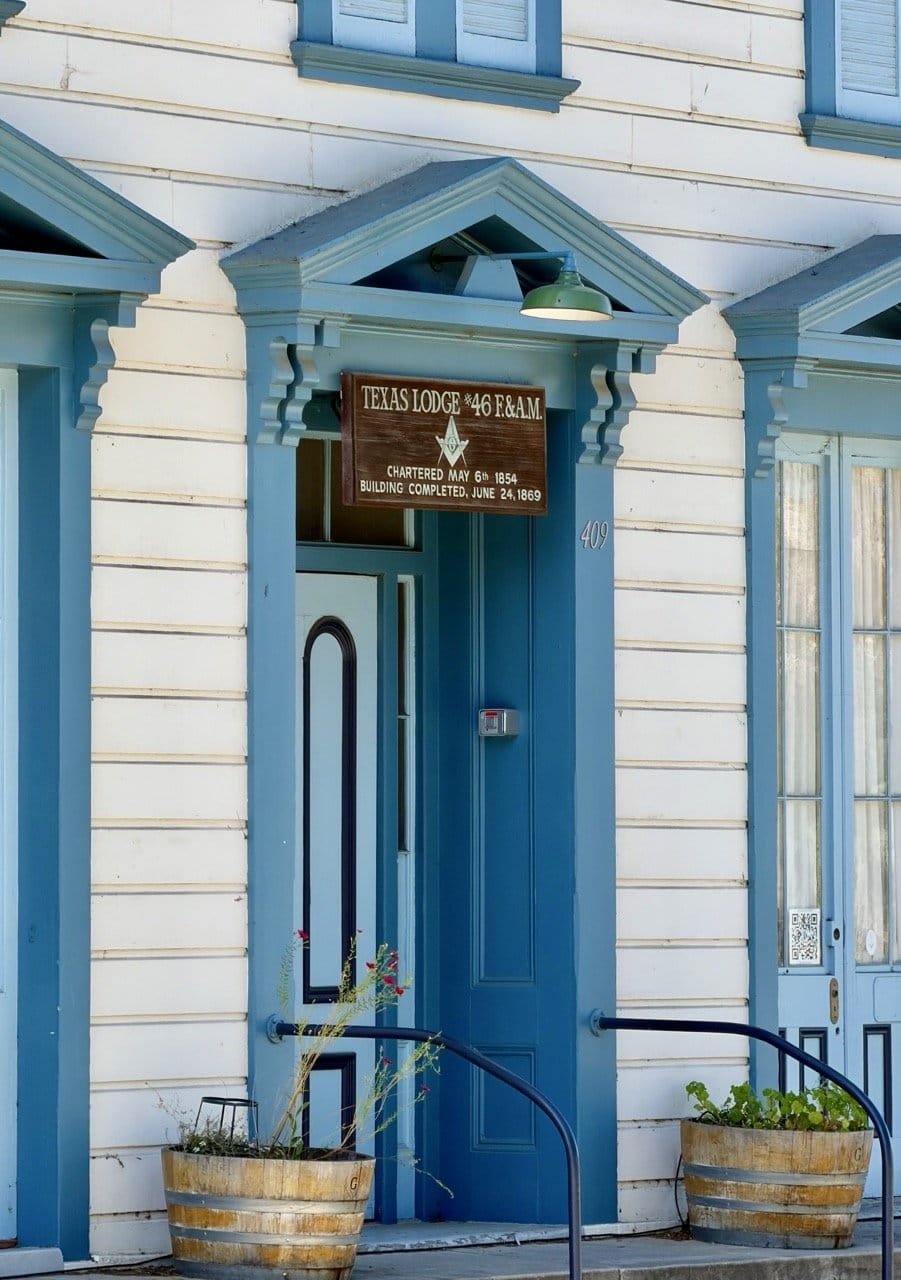 Facade of the Texas Lodge No. 46 Free and Accepted Masons building chartered 1854 in San Juan Bautista historic plaza