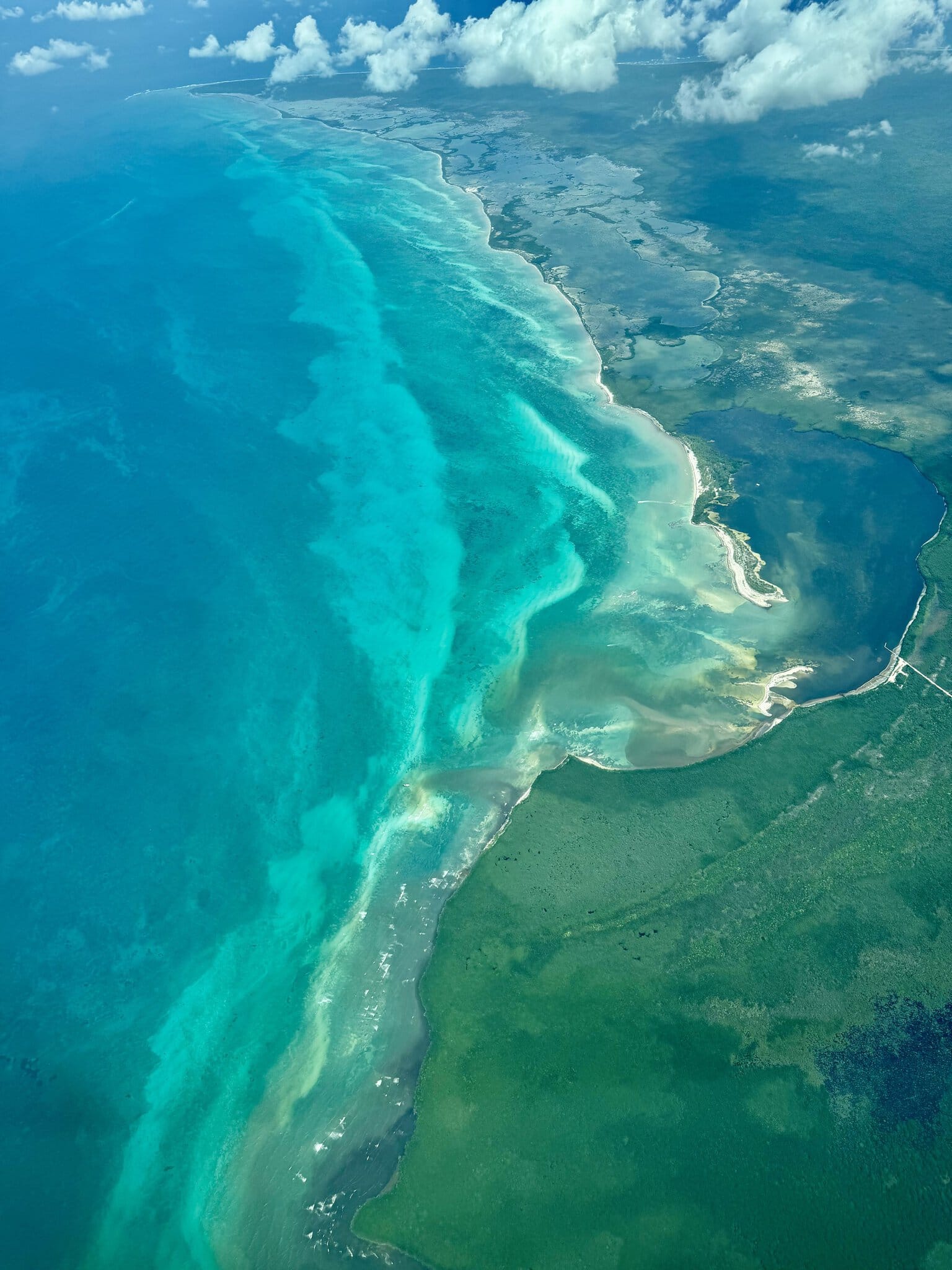 The Belize Barrier Reef from the air. The color change from reef to open ocean is instant and absolute.
