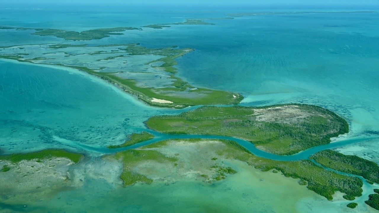 Aerial view of lush green islands scattered in the turquoise reef water near Hol Chan Marine Reserve in Belize.