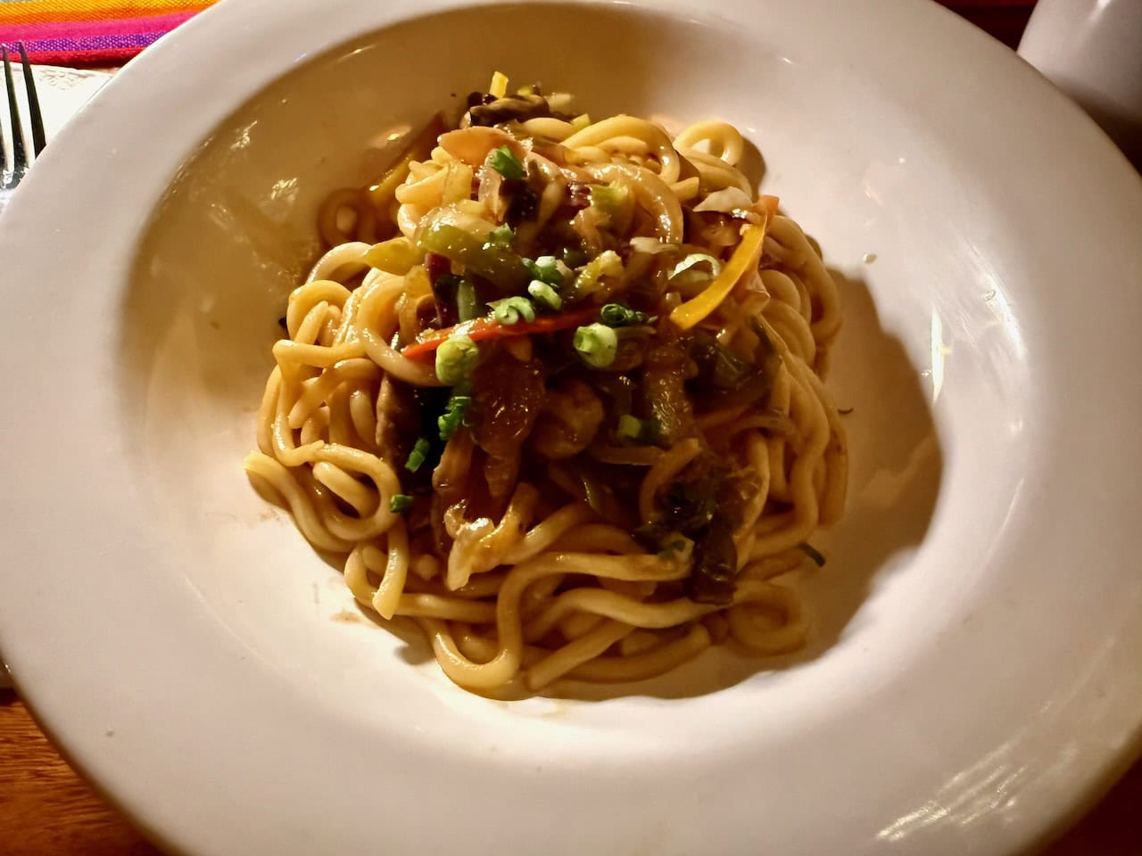 Udon noodles with vegetables at Elvi's Kitchen, San Pedro, Belize