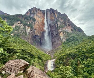 Angel Falls cascading down the Auyan Tepui cliff face, surrounded by lush rainforest in Venezuela