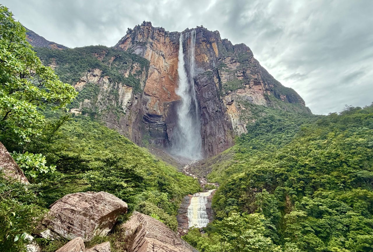 Angel Falls cascading down the Auyan Tepui cliff face, surrounded by lush rainforest in Venezuela