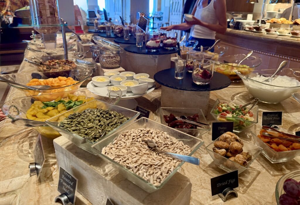 Breakfast buffet table in Cypruss loaded with nutritious plant-based foods 