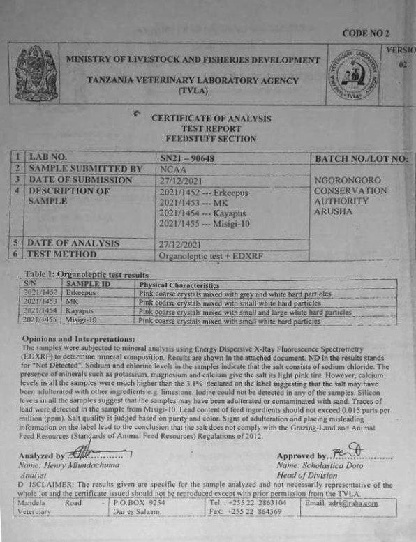 Tanzania Veterinary Laboratory Agency certificate of analysis showing salt sample test results from Ngorongoro in 2021